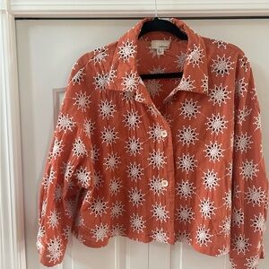 Orange White Cropped 3/4 Sleeve Button Down Top